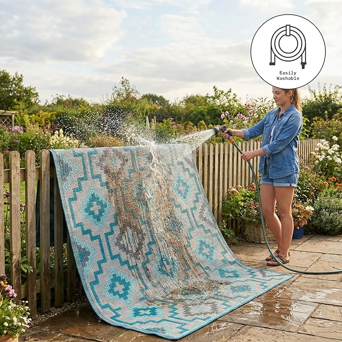 Fab Habitat Outdoor Rug - Waterproof, Fade Resistant, Crease-Free - Premium Recycled Plastic - Vintage Boho Kilim - Patio, Porch, Deck, Balcony - Lhasa - Teal - 5 x 8 ft