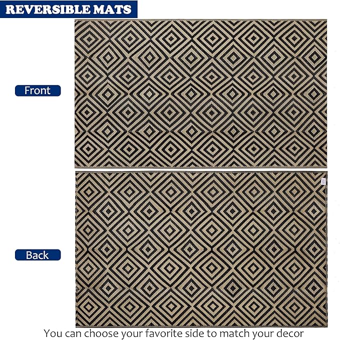 Reversible Mats, Outdoor Patio Rugs, Plastic Straw Rug, Modern Area Rug, Floor Mat for Outdoors, RV, Patio, Backyard, Deck, Picnic, Beach, Trailer, Camping (Diamond Black & Beige, 5' x 8')