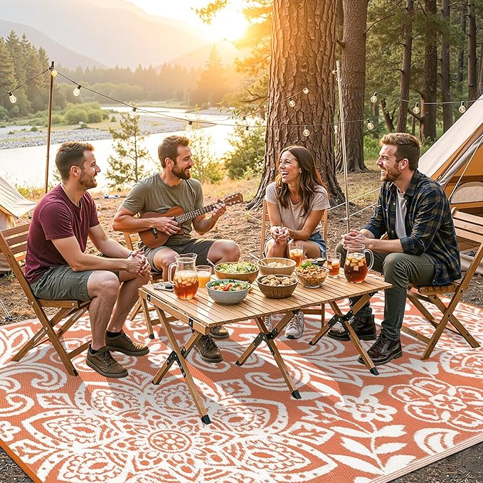 Findosom Waterproof Outdoor Rug 8' x 10' - Reversible Mandala Outdoor Plastic Straw Rug, Durable Foldable Patio Rug for RV, Deck, Balcony, Backyard, Picnic, Porch, Camping, Beach, Orange