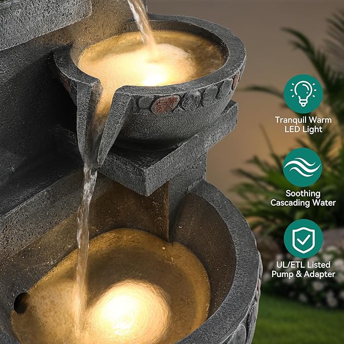 33" H 4-Tier Fountain Outdoor, Modern Resin Pebble Tabletop Water Feature Outdoor with LED Lights, Soothing Cascading Waterfall for Patio, Backyard, Garden or Porch