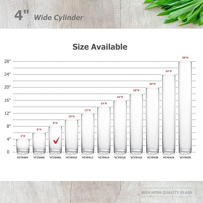 WGVI Quality Thick Weighted Clear Cylinder Glass Vases, 4" W x 8" H, Flower Arrangement Floating Candle Holders Wedding Centerpieces Terrarium Planter Floral Storage Container, Bulk Wholesale, 6 Pcs