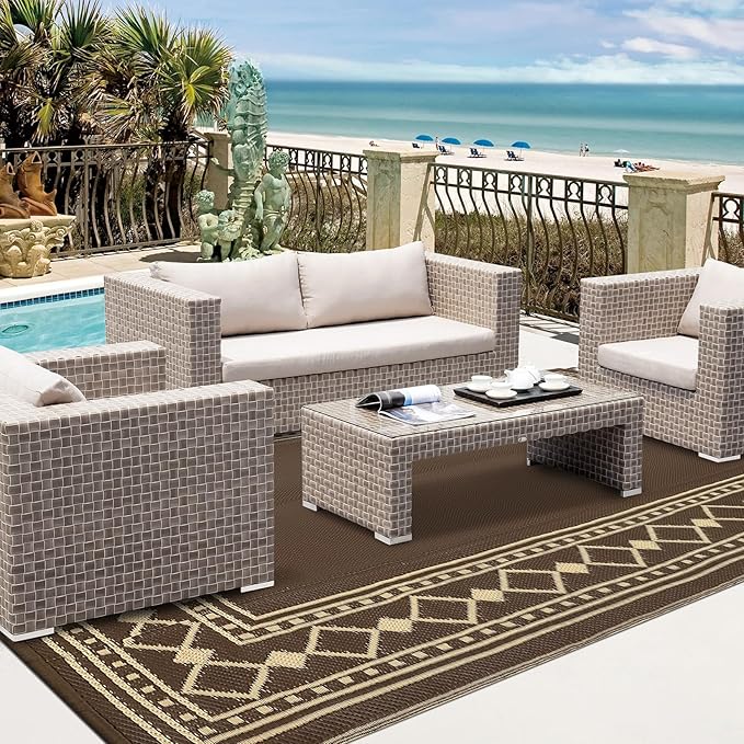 Garvee Large Outdoor Rug 10x20 Patio Rug Waterproof Plastic Straw Outdoor Carpet Washable Reversible Mat Modern Border Outdoor Rug for Camping RV Deck Porch Picnic Balcony Backyard,Brown/Coffee