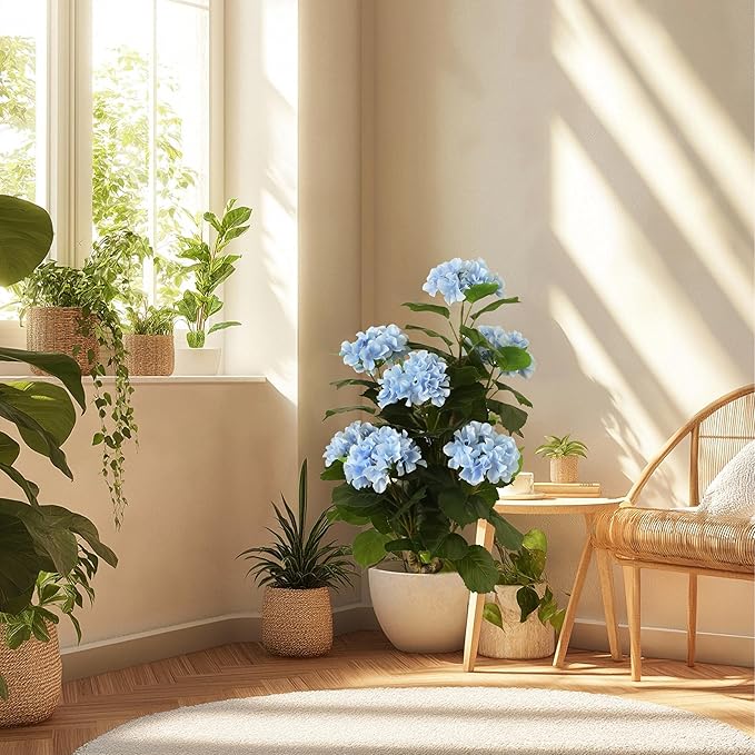 31" Large Artificial Blue Hydrangea Floor Plant, Realistic Faux Silk Floral Arrangement in Black Pot, UV Resistant Tall Outdoor Decorative Flowers for Porch, Patio, Office & Home Entrance