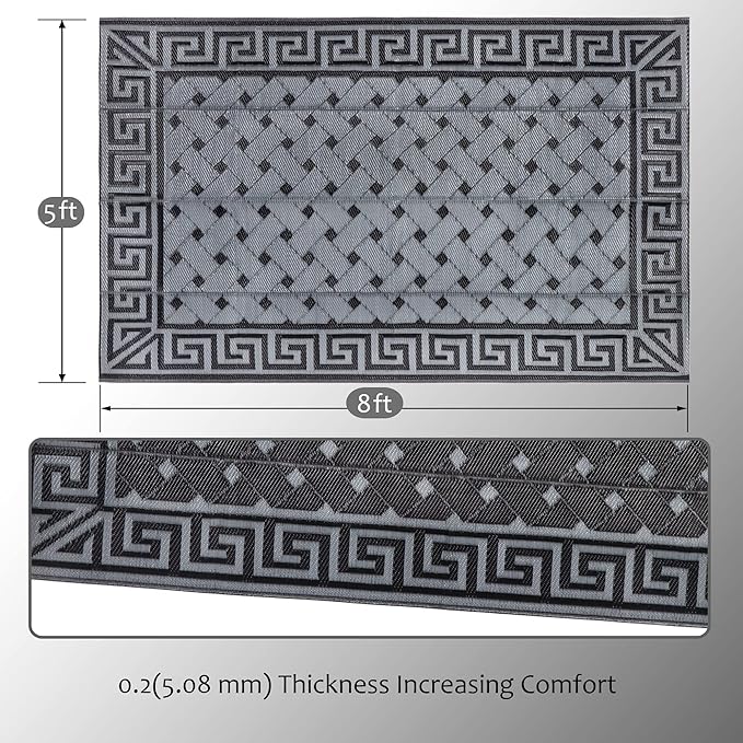 SAND MINE Reversible Mats, Plastic Straw Rug, Modern Area Rug, Large Floor Mat and Rug for Outdoors, RV, Patio, Backyard, Deck, Picnic, Beach, Trailer, Camping (5' x 8', Black & Grey)