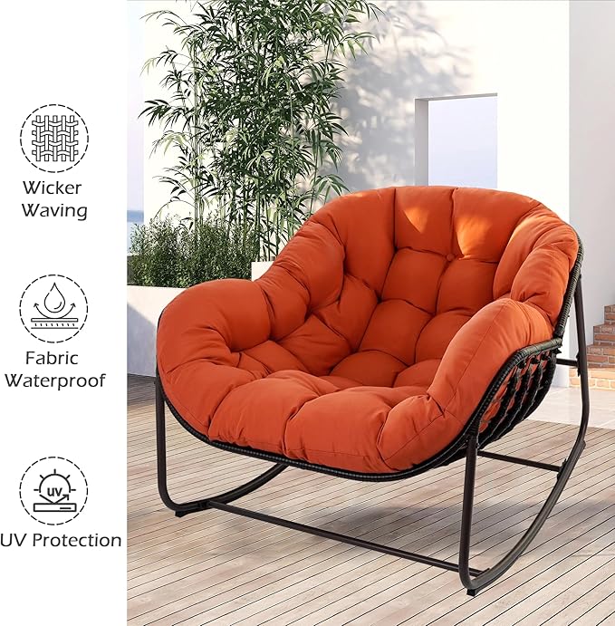 Papasan Rocking Chair, Oversized Papasan Chair with Cushion and Frame for Indoor& Outdoor, Deep Seat Egg-Shaped Rocker Chair for Garden, Deck, Living Room, Red