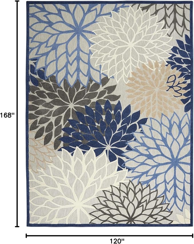 Nourison Home Aloha Indoor/Outdoor Blue/Multicolor 10' x 14' Area Rug, Tropical, Botanical, Easy Cleaning, Non Shedding, Bed Room, Living Room, Dining Room, Deck, Backyard, Patio (10x14)