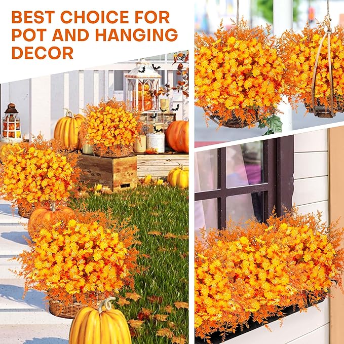 16 Bundles Artificial Mums for Outdoors Garden Home Decoration Fake Mums 2 Style Faux Silk Daisy for Outside Planter Front Porch Patio Indoor Home Wedding Garden Porch Window Box Planter Decoration
