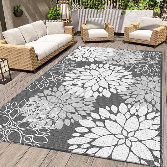 LuxStep Outdoor Rug Waterproof Outdoor Plastic Straw Rug Reversible Patio Rug Mat Outdoor Decor Large Area Mats for RV, Picnic, Backyard, Deck, Balcony, Porch, Beach, Camping, 4'x 6',Grey