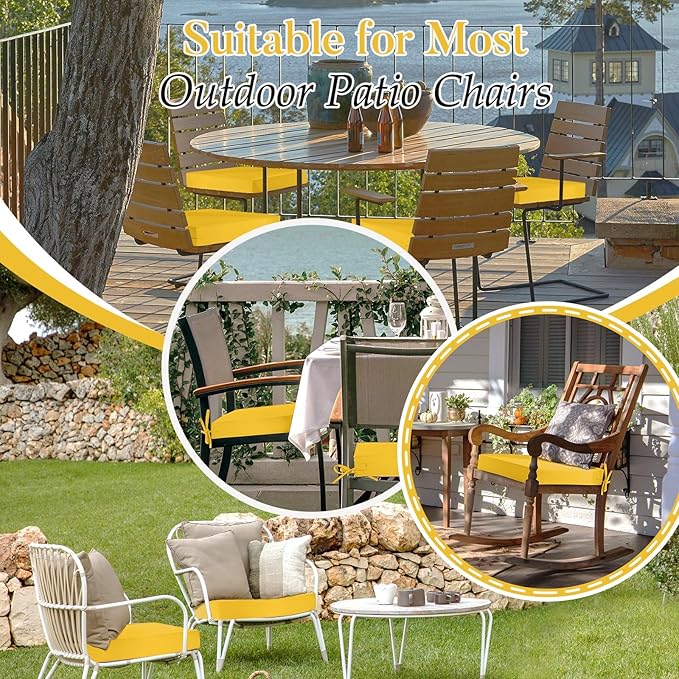 Basic Beyond Outdoor Chair Cushions for Patio Furniture, Waterproof Outdoor Seat Cushions Set of 4 19 x 19, Patio Chair Cushions Set of 4 with Ties and Handle, Yellow
