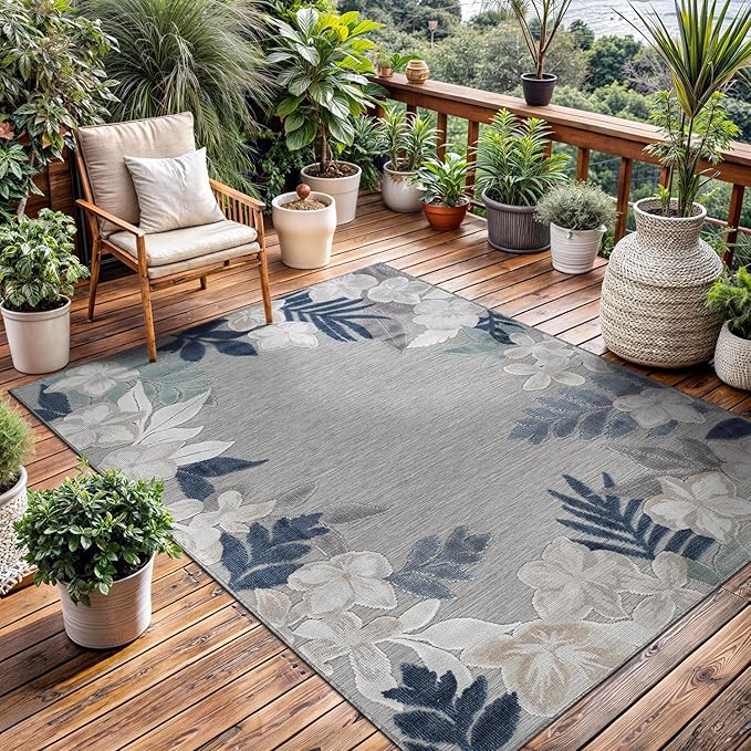 Outdoor Rug 10x14 Washable Area Rugs Indoor Outdoor Carpets Blue Border Floral Non Shedding Waterproof Easy Clean Patio Deck Porch Living Room Bedroom Garden RV (10 X 14 Blue)