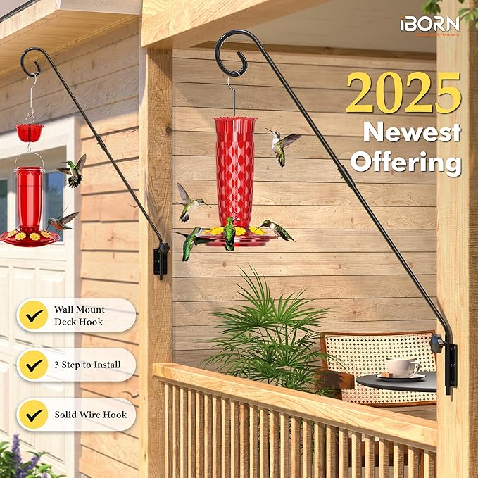 iBorn Wall Mount Deck Hook, 28" Hummingbird Feeder Hanger, Heavy Duty Bird Feeder Pole for Hanging Bird Feeder, Planter, Suet Baskets, Wind Chimes, 180° Rotatable Arm, Solid Wire, Pack of 1