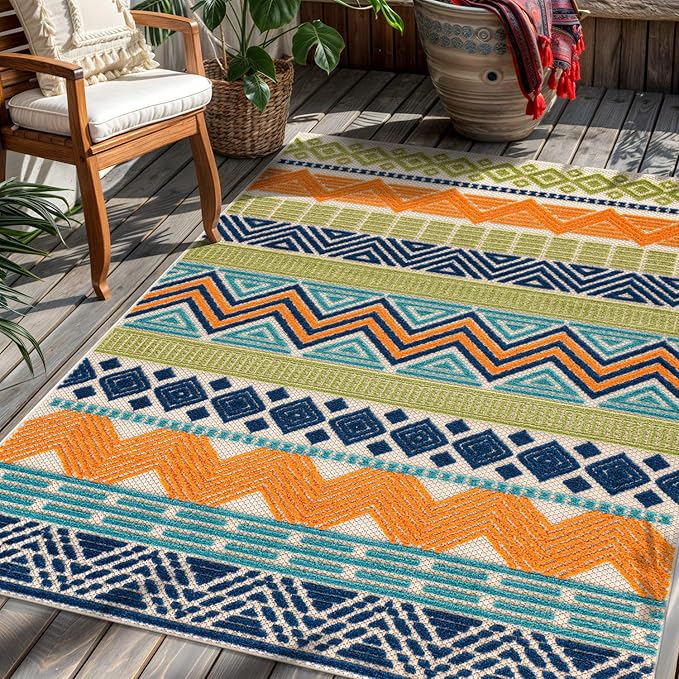Rugshop Multi Marbella Boho Indoor/Outdoor Area Rug, Machine Washable for Patio, Balcony and Entry 4' x 6'