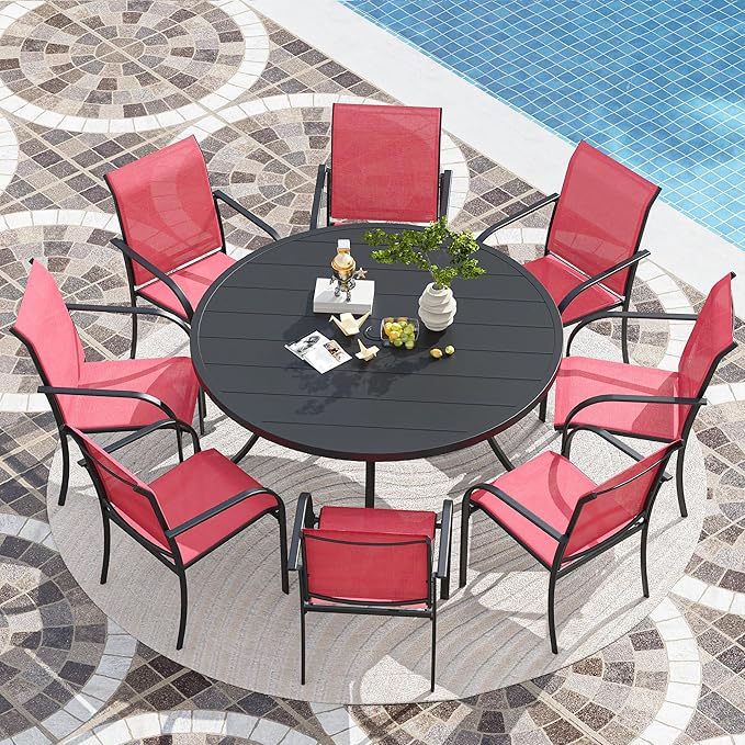 VICLLAX Patio Stackable Dining Chairs Set for 8, Outdoor Sling Chairs with Metal Frame for Front Porch Balcony Backyard Garden and Deck, Red