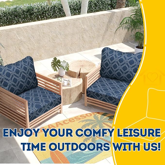 AAAAAcessories Outdoor Seat Cushions for Chairs, Fade-Resistant, Waterproof Patio Furniture Replacement Cushions, 23.5" x 25.5" x 5" + 23.5" x 19", Set of 2, Slate Blue Vine Trellis