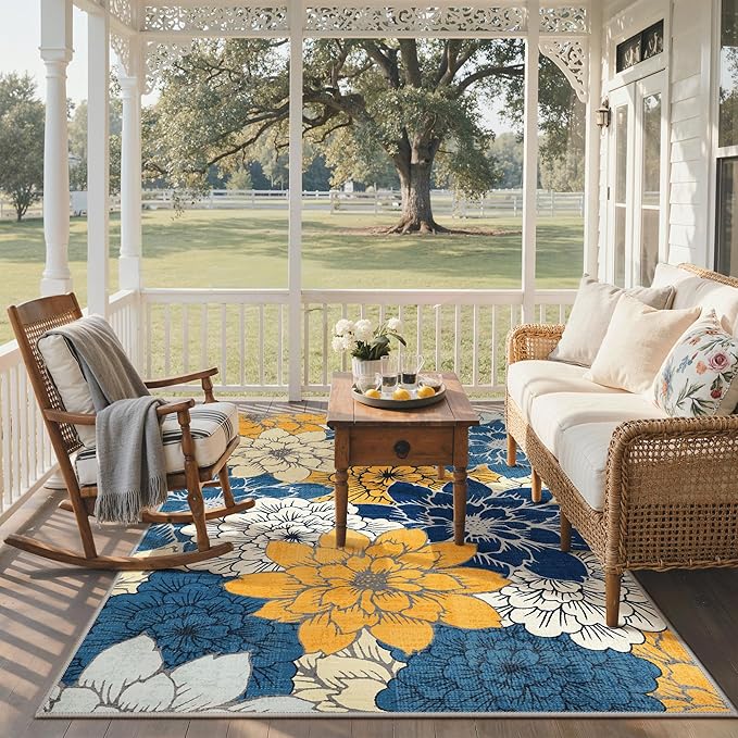 GENIMO Indoor Outdoor Area Rug 6'x9', Machine Washable Rugs for Patio, Waterproof, Non-Slip Easy Cleaning Floral Outdoor Mat Carpet for Living Room, Bedroom, RV, Balcony, Deck, Camping, Navy Blue