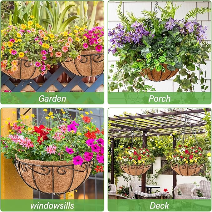 Legigo 2 Pack 14 Inch Hanging Baskets Planters for Outdoor Plants- Metal Round Hanging Baskets with Coconut Coir Liner, Wire Hanging Flower Pots for Outside Garden Porch Decorations