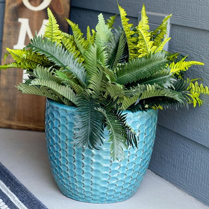 Sunnydaze 14" Raised Hexagon Pattern Glazed Ceramic Plant Pot - Features 1 Drainage Hole - 1.75 Gal Soil Capacity - Turquoise