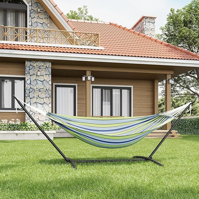 Double Hammock with Space Saving Steel Stand Included-2 Person Camping Hammock with Carry Bag, Outdoor Portable Hammocks, 450lb Capacity Standing Hammocks for Garden Yard(Blue and Green)