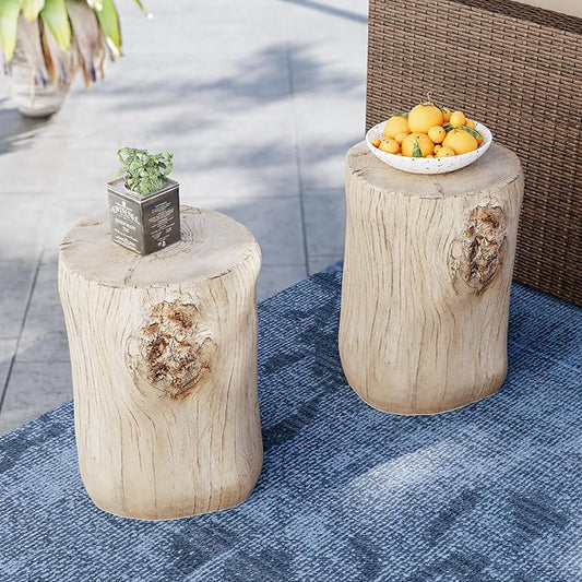 SUNBURY Outdoor Side Table Set of 2, Tree Stump Side Table Antique Beige Colored Faux Wood, End Table Wood Stump Stool, Ottoman or Plant Stand, Deck or Garden