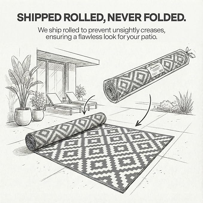 FH Home Outdoor Rug - Waterproof, Fade Resistant, Reversible - Premium Recycled Plastic - Geometric - Patio, Deck, Porch, Balcony, Laundry Room - Aztec - Gray & White Crease Free - 4 x 6 ft