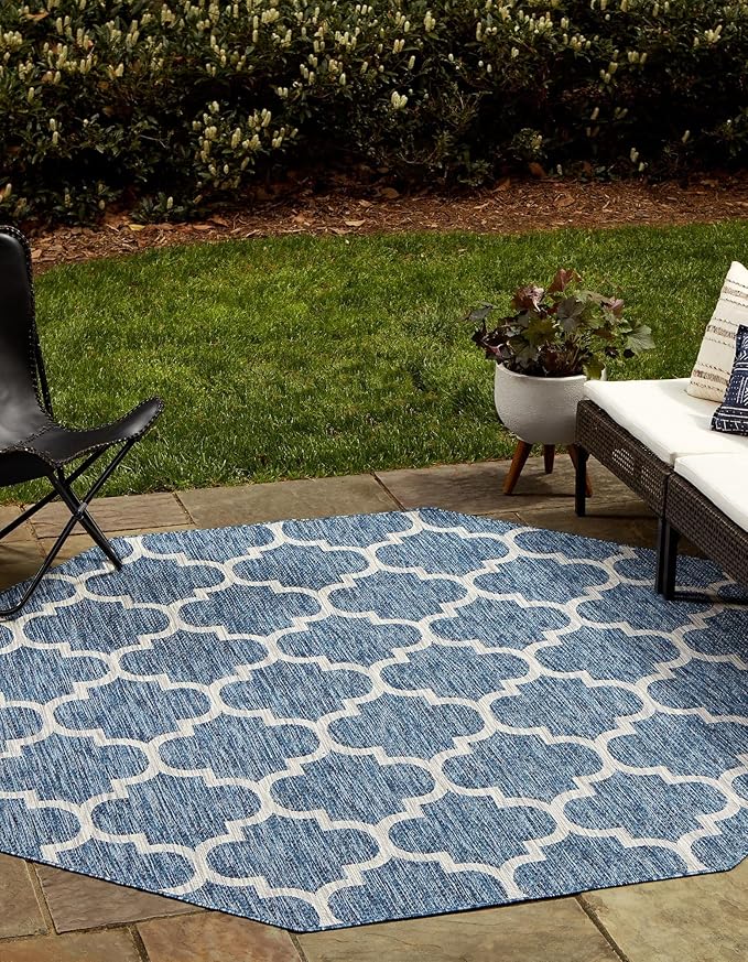 Unique Loom Outdoor Trellis Collection Area Rug - Trellis (Octagon 5' 0" x 5' 0", Navy Blue/ Ivory)