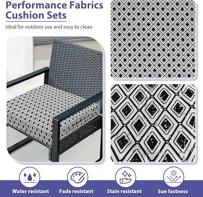 Outdoor Chair Cushions Set of 4,Waterproof Outdoor Seat Cushions for Patio Furniture,Patio Chair Cushion with Handle and Ties, Out Door Chair Pads,18.5" x 16" x 3", Black Geometry