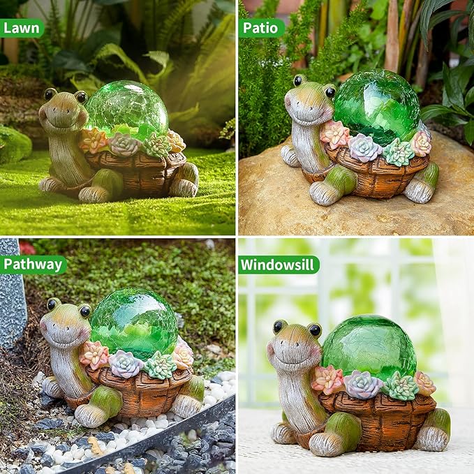Solar Turtle Garden Statue Lights for Outdoor Decor with Succulent and LED Lighting - Lawn Decoration Resin Tortoise Figurine for Patio Yard Balcony Ornament - Valentine Day Gifts for Mom Grandma