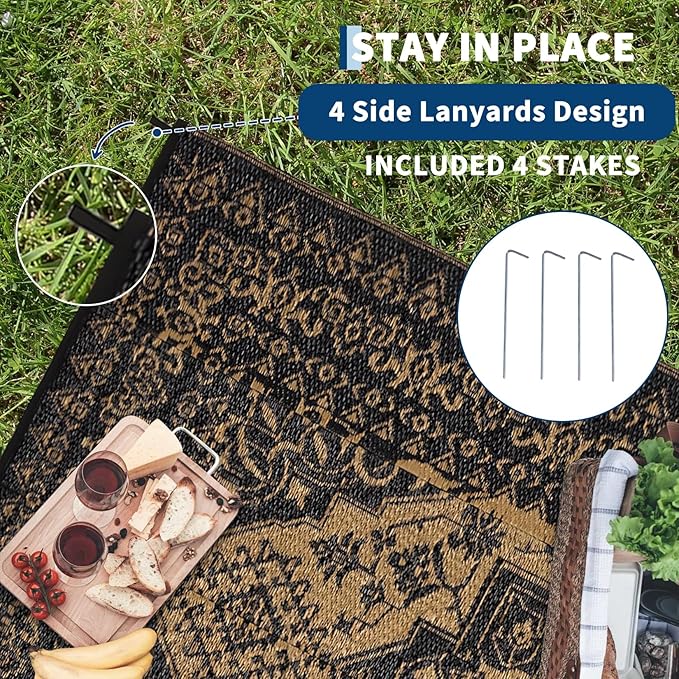 COZYLOOM Waterproof Outdoor Rug 9x12 Reversible Patio Rug Plastic Straw Mat, Vintage Medallion Carpet, Indoor Outdoor RV Mat for Deck, Balcony, Camping, Porch, Beach, Picnic, Black&Brown