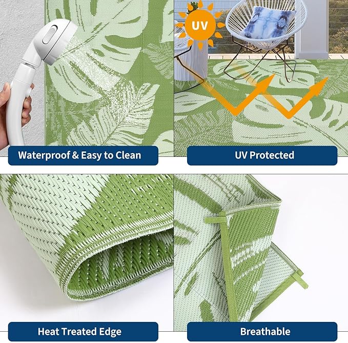 9x12 Outdoor Rug Waterproof Foldable Plastic Straw Carpet for Patio Porch Modern Leaf Print Reversible Mat Lightweight Floor Mat for Picnic, Backyard, Rv, Beach, Deck, Camper, Balcony，Green