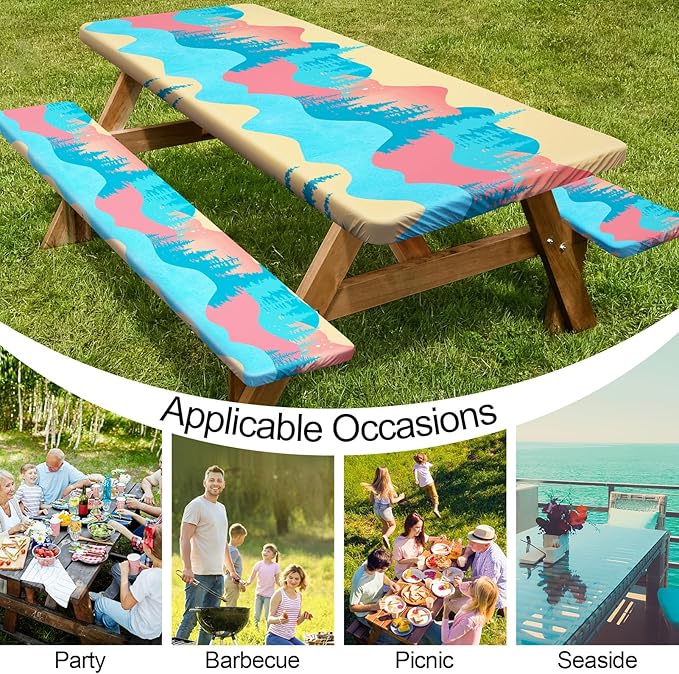 Picnic Table Cover with Bench Covers 6FT 3 Pcs Waterproof Windproof Aesthetic Camping Tablecloth with Drawstring Bag, Fitted for 6 Foot Rectangle Tables and Seats, 72 inch, Blue Orange