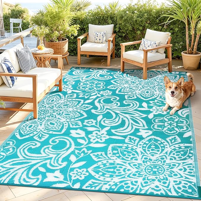 Findosom Waterproof Outdoor Rug 5' x 8' - Reversible Mandala Outdoor Plastic Straw Rug, Durable Foldable Patio Rug for RV, Deck, Balcony, Backyard, Picnic, Porch, Camping, Beach, Blue