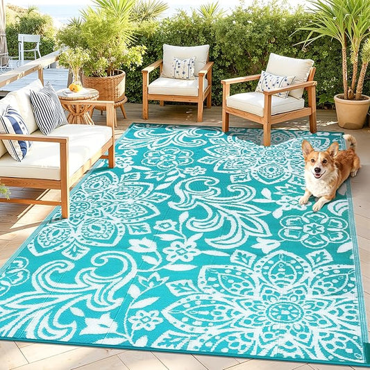 Findosom Waterproof Outdoor Rug 5' x 8' - Reversible Mandala Outdoor Plastic Straw Rug, Durable Foldable Patio Rug for RV, Deck, Balcony, Backyard, Picnic, Porch, Camping, Beach, Blue