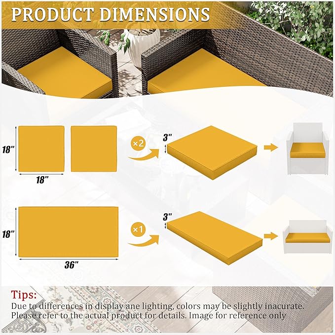 3 Pack Outdoor Replacement Cushions,36L x 18W x 3H,18L x 18W x 3H inch, High-Elastic Replacement Sponge for 4-Seater Water-Resistant Patio/Sofa with Removable Covers (Yellow)
