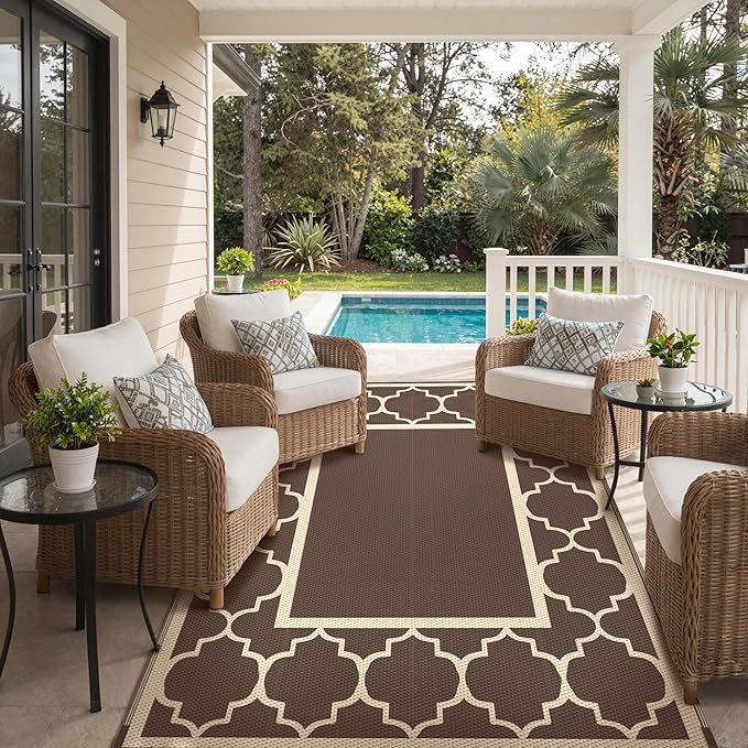 GENIMO Outdoor Rug 8' x 10' Patio Waterproof, Foldable Reversible Plastic Straw Area Rugs Mat for Camper Decor, Outside Carpet for Rv, Deck, Porch, Picnic, Beach, Balcony, Coffee & Beige