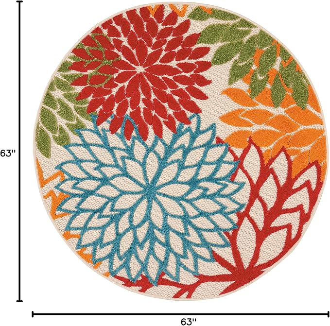 Nourison Home Aloha Indoor/Outdoor Green 5'3'' x Round Area-Rug, Tropical, Botanical, Easy-Cleaning, Non Shedding, Bed Room, Living Room, Dining Room, Deck, Backyard, Patio (5 Round)