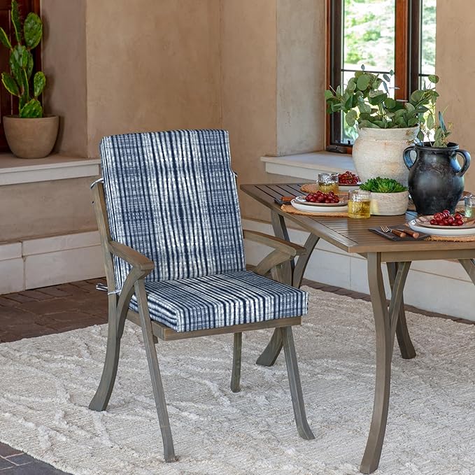 Arden Outdoor Patio Dining Chair Cushion, 20x44, Rain-Proof Seat Pad, Fade-Resistant Outdoor Cushion Blue Shibori Stripe