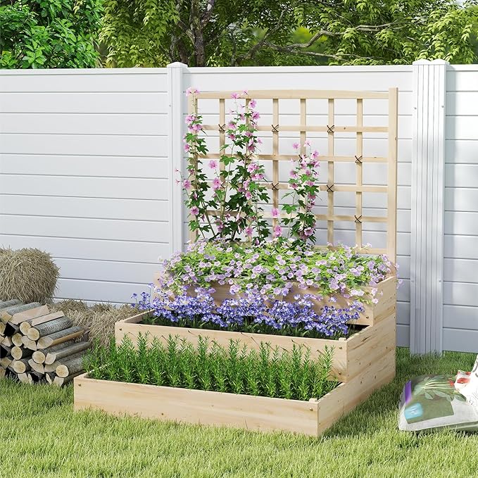 Giantex 3-Tier Raised Garden Bed with Trellis and 3 Planter Boxes, Outdoor Open-Ended Wood Raised Bed for Planting and Vines Flowers Vegetables Growing, 44"x45"x56"