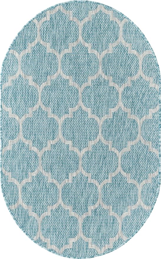 Unique Loom Outdoor Trellis Collection Area Rug - Trellis (Oval 3' 3" x 5' 3", Aquamarine/ Gray)