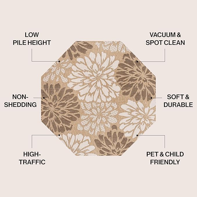JONATHAN Y Floral Textured Weave Indoor Outdoor Octagon Area Rug 5 Ft Brown/Cream, Zinnia Modern for Backyard, Patio, Porch, Easy-Cleaning, High Traffic, Pet-Friendly, Non-Shedding (SMB110I-5TGN)