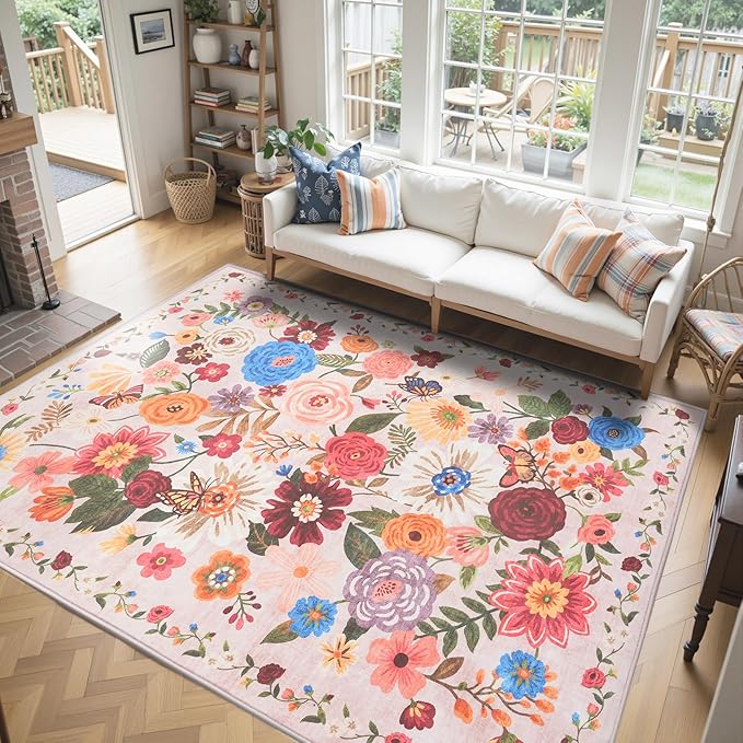 Pink/Beige Area Rugs 9x12 Living Room Washable Rug Non Slip Floral Low Pile Large Rug for Living Room, Bedroom, Farmhouse, Dining Room, Kids Playroom(9 x 12, Beige/Pink Garden)