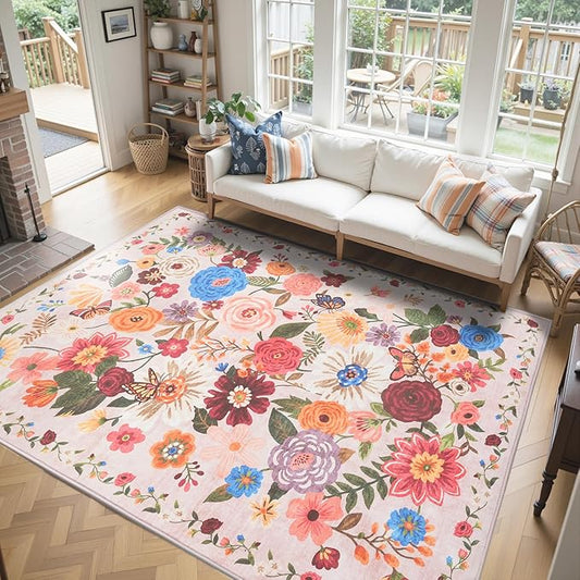 Pink/Beige Washable Area Rug 8x10, Large Soft Rugs for Living Room Floral Carpet 8x10 Area Rugs for Bedroom Dining Room Non-Slip Stain Resistant Under Table Rug(8 x 10, Beige/Pink Garden)