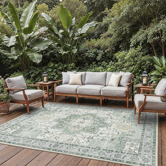 GENIMO Outdoor & Indoor Area Rug 8'x10', Waterproof, Non-Shedding, Easy Cleaning, Boho Mat for Patio, Living Room, Balcony, Dining Room, RV, Deck, Bedroom, Camping, Outside Carpet,Light Green