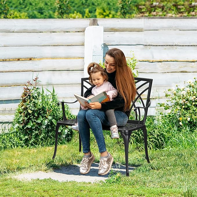 Outvita Outdoor Cast Aluminium Bench, 38" Weather Resistant Patio Bench with Orchid Pattern for Front Porch, Backyard, Lawn