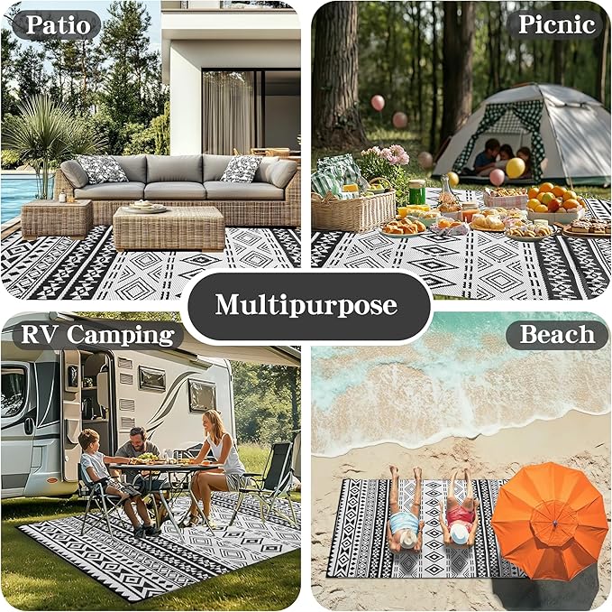 Wallona Outdoor Rugs 8x10 ft Patio Waterproof Clearance Indoor Outdoor Large Carpet for Patio Plastic Straw Reversible Area Rugs Mat for RV, Camping, Balcony, Beach, Picnic, Porch, Boho Black & White