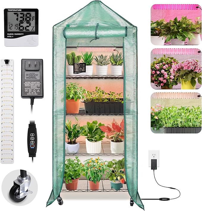 4-Tier Indoor Mini Greenhouse with Grow Lights, 32W Full Spectrum Plant Light with Timer, Adjustable Metal Shelves, 69.6"x22"x18.5" Portable Plant Stand for Seed Starting & Indoor Plants