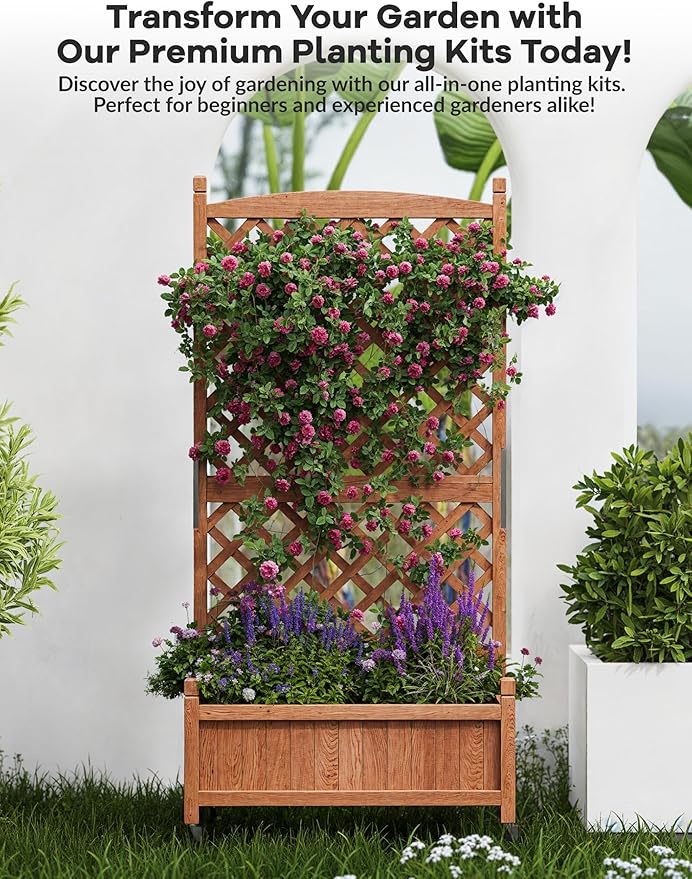 1-Pack Tall Wood Planter Box with Trellis, 29.5" h Vertical Garden on Wheels with Drainage Holes, for Climbing Plants, Herbs, Flowers in Patio & Balcony