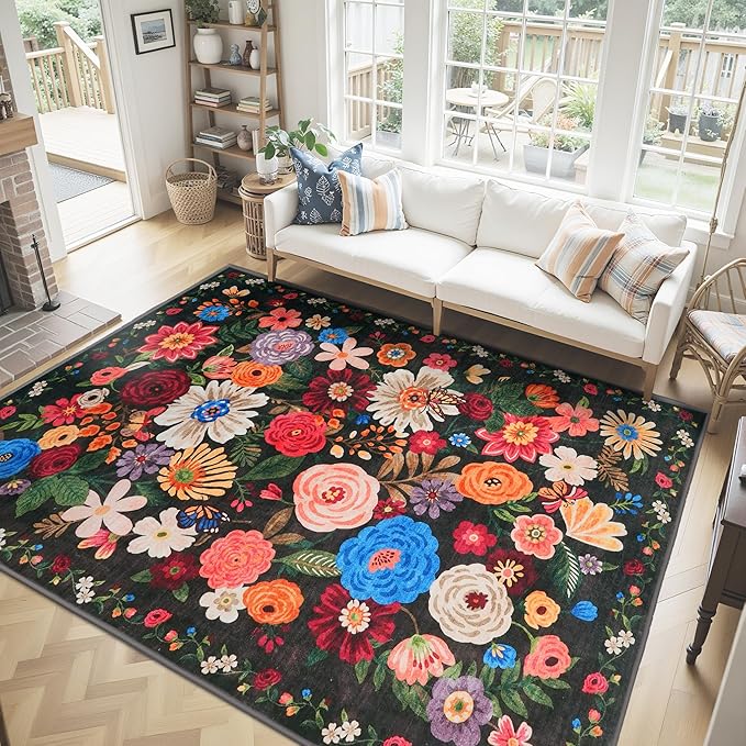 Washable Area Rug 8x10 Black, Large Soft Rugs for Living Room Floral Carpet 8x10 Area Rugs for Bedroom Dining Room Non-Slip Stain Resistant Under Table Rug (8 x 10, Black Garden)