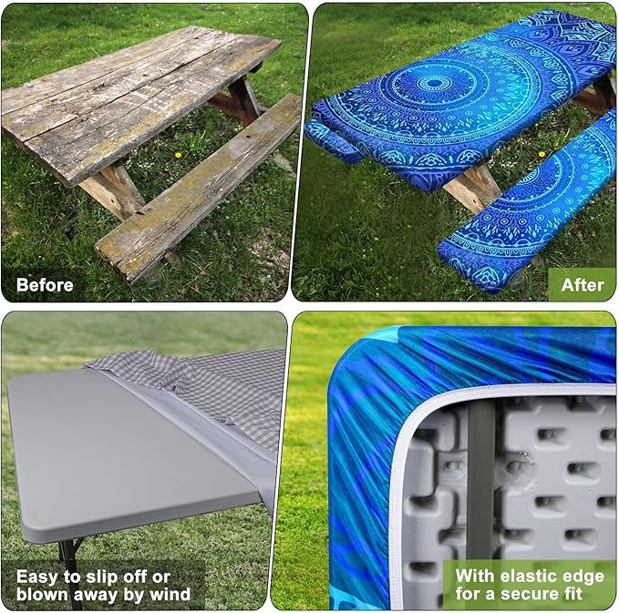 Picnic Table Cover with Bench Covers 6FT 3 Pcs Waterproof Windproof Aesthetic Camping Tablecloth with Drawstring Bag, Fitted for 6 Foot Rectangle Tables and Seats, 72 inch, Dark Blue Green