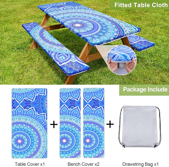 Picnic Table Cover with Bench Covers 6FT 3 Pcs Waterproof Windproof Aesthetic Camping Tablecloth with Drawstring Bag, Fitted for 6 Foot Rectangle Tables and Seats, 72 inch, Light Blue Purple