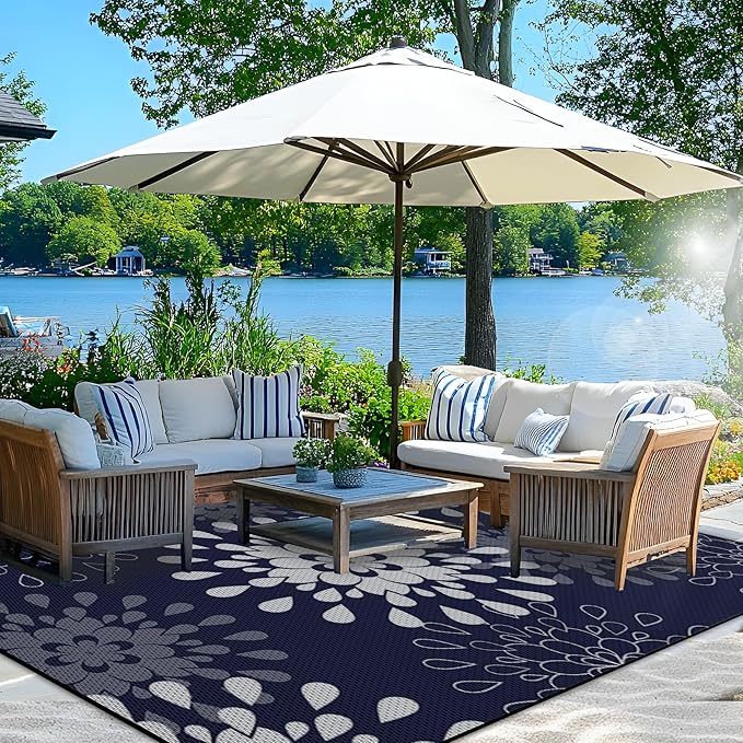 Wallona Outdoor Rugs 8x10 ft Patio Waterproof Clearance Indoor Outdoor Large Carpet for Patio Plastic Straw Reversible Area Rugs Mat for RV, Camping, Balcony, Beach, Picnic, Porch, Flower Blue & White